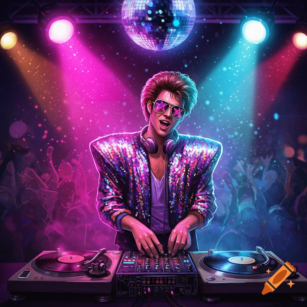 Vibrant illustration of an 80s-style DJ in a sequined jacket and sunglasses mixing music at a neon-lit disco with a disco ball.
