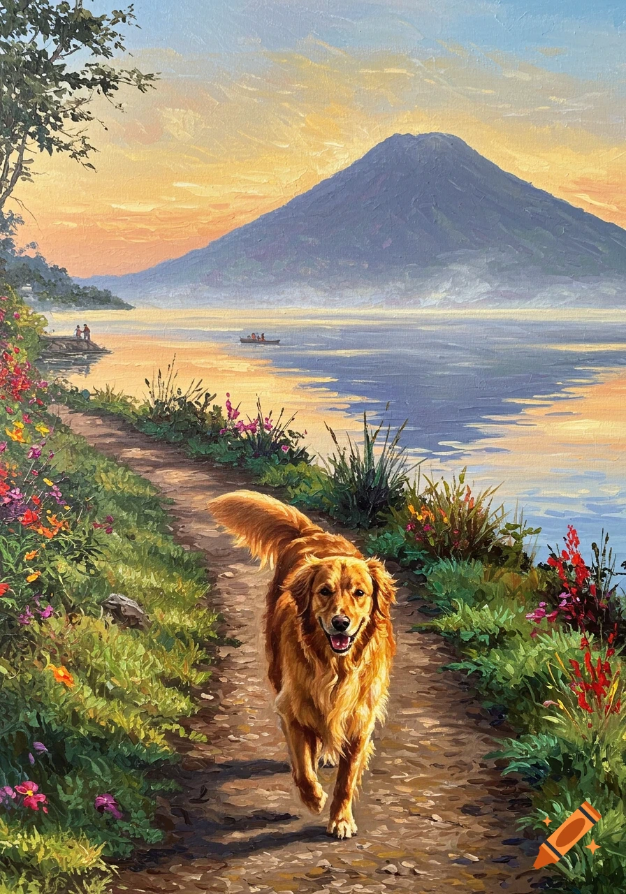 A golden retriever joyfully runs on a dirt path next to a calm lake with a large mountain in the background, rendered in warm-toned oil paint.