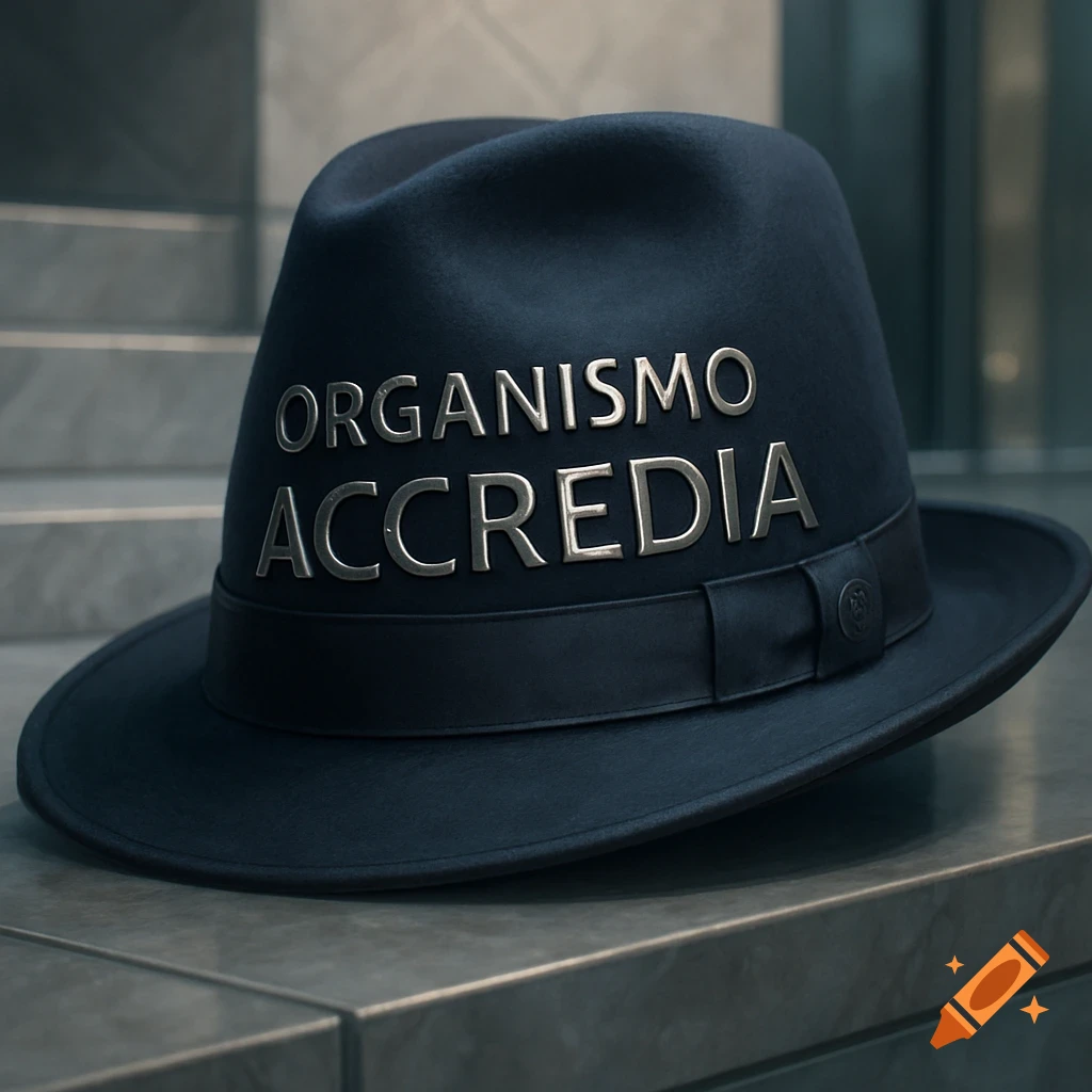 A dark blue fedora hat with silver text "ORGANISMO ACCREDIA" on it, resting on a stone surface.
