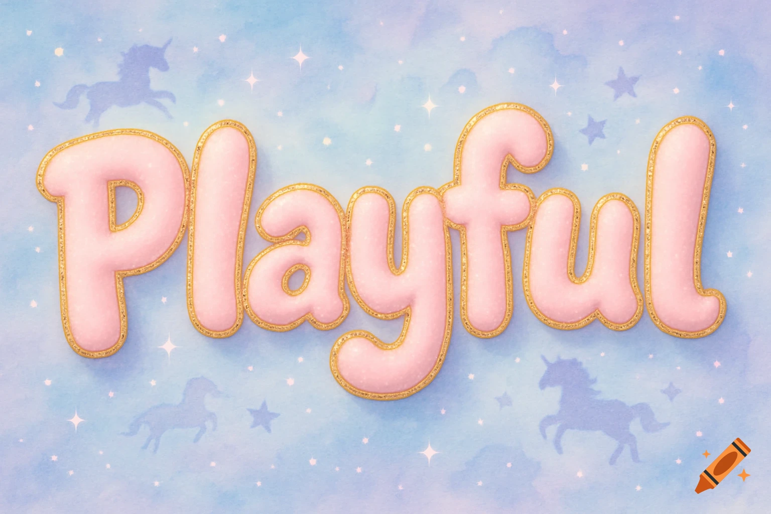 The word 'Playful' in glittery pink bubble letters on a light blue watercolor background with subtle unicorn and star silhouettes.