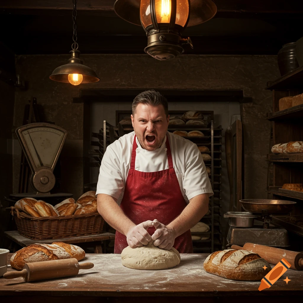 An angry baker with a red apron kneads dough on a flour-dusted wooden table in a rustic bakery, surrounded by fresh bread.