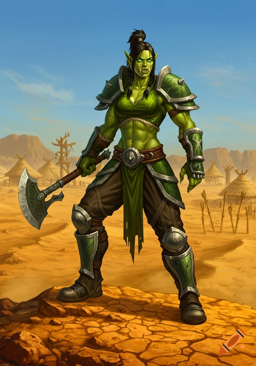An intimidating green-skinned orc woman warrior in green armor holds an axe in a desert landscape.