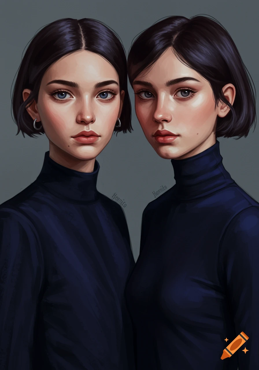 A stylized digital painting portrait of two young women with short dark hair and blue eyes, wearing dark blue turtleneck sweaters against a gray background.