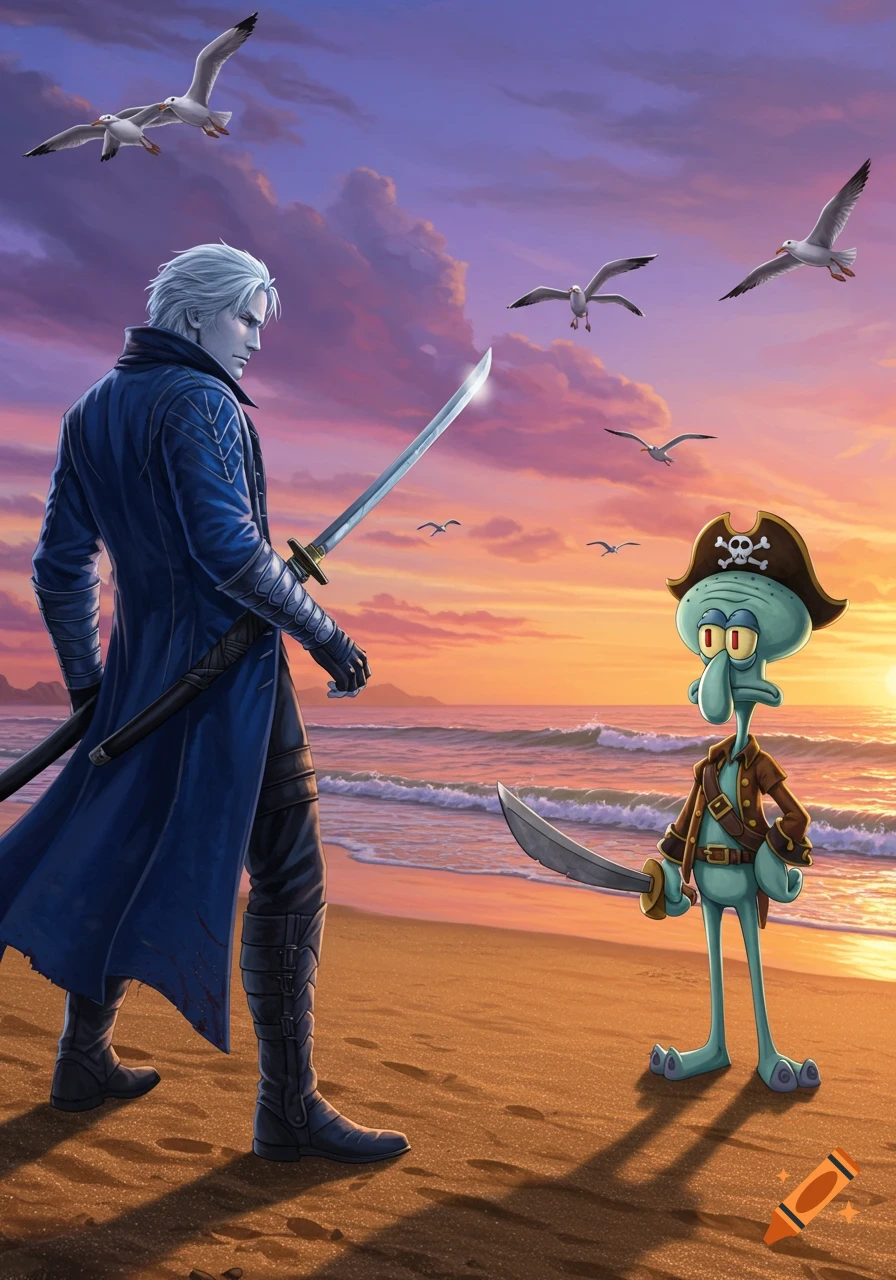 Vergil and pirate Squidward face off on a sandy beach at sunset, surrounded by flying seagulls.