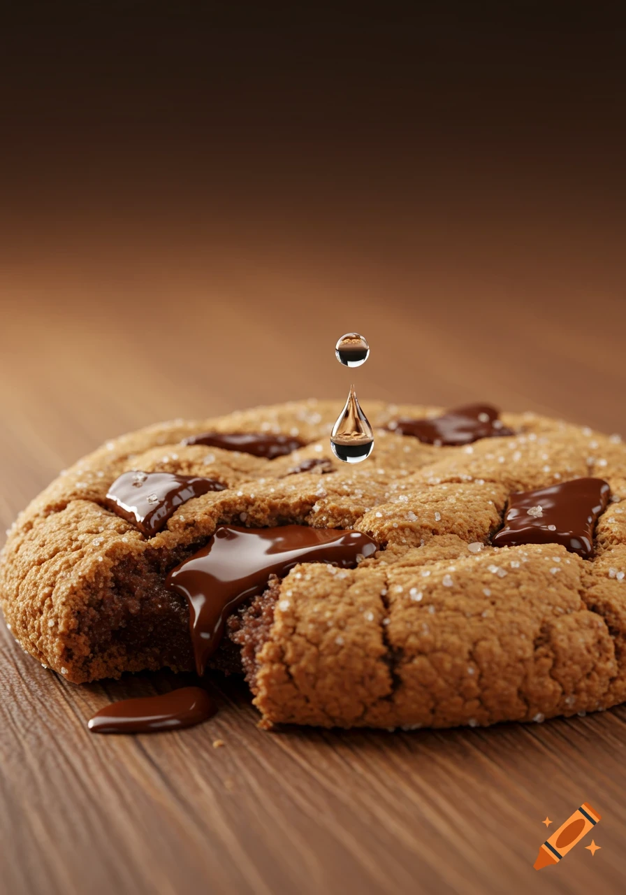A photorealistic close-up of a warm chocolate chip cookie with melting chocolate oozing out, sprinkled with salt. Two water droplets hover above it.