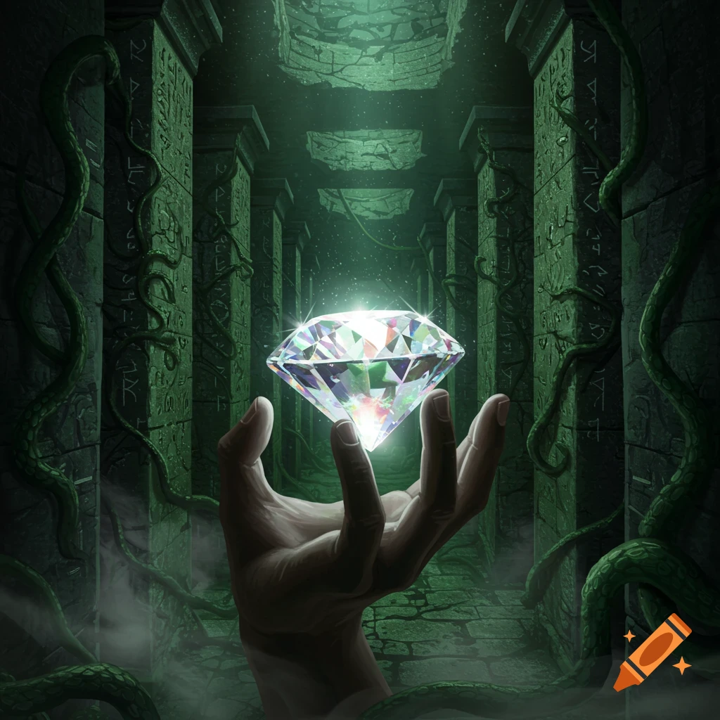 A glowing diamond is held by a hand in a dark, vine-covered fantasy labyrinth with ancient carvings on pillars.