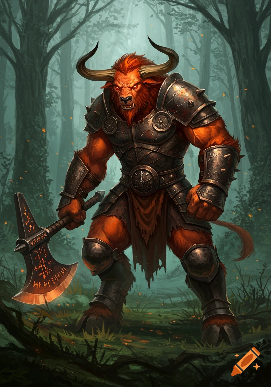 A fierce orange-furred minotaur-like warrior in dark armor holds a waraxe with glowing runes in a magical forest.