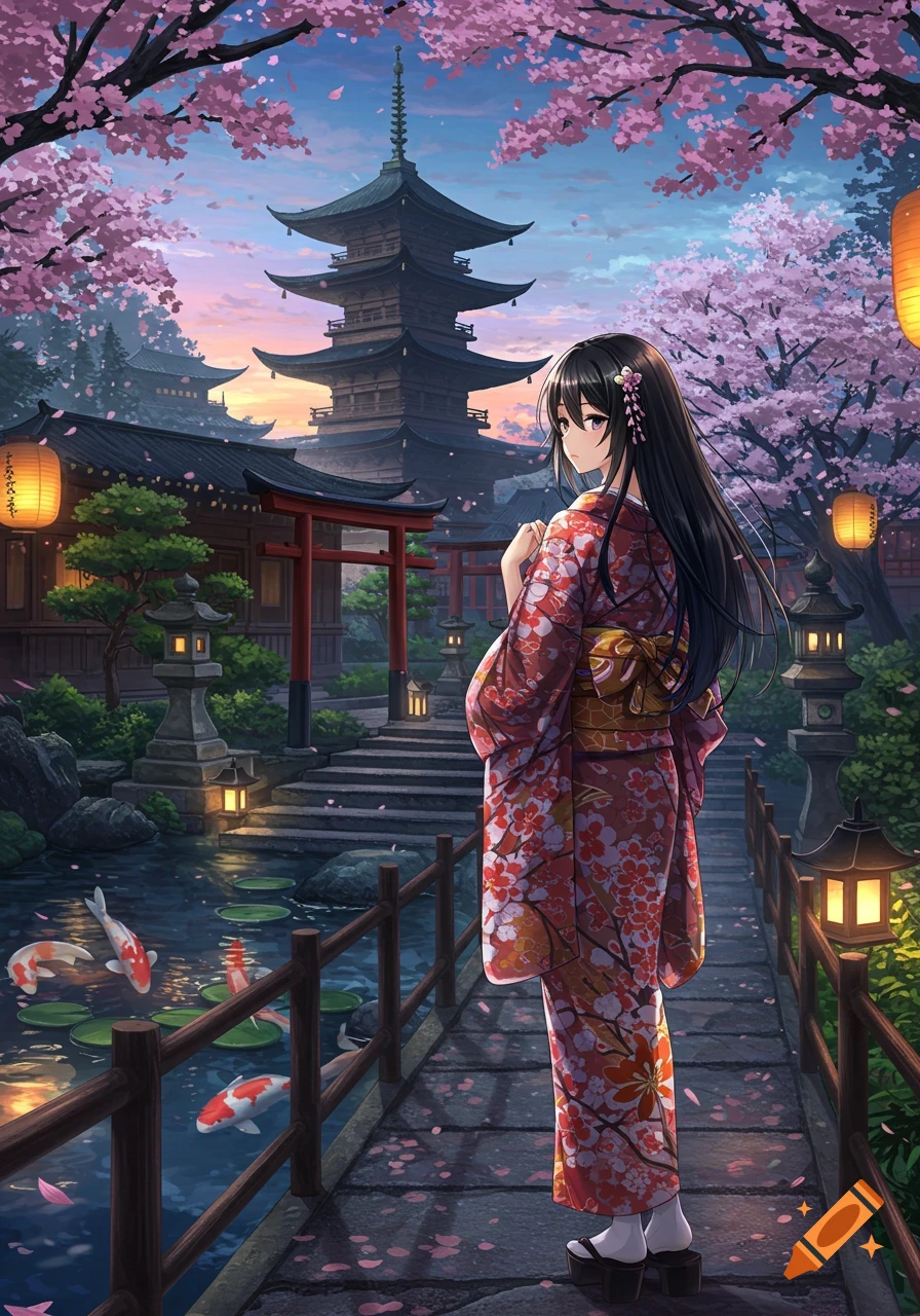Anime girl in a red floral kimono stands on a bridge overlooking a koi pond at a traditional Japanese temple during sunset, surrounded by cherry blossoms.