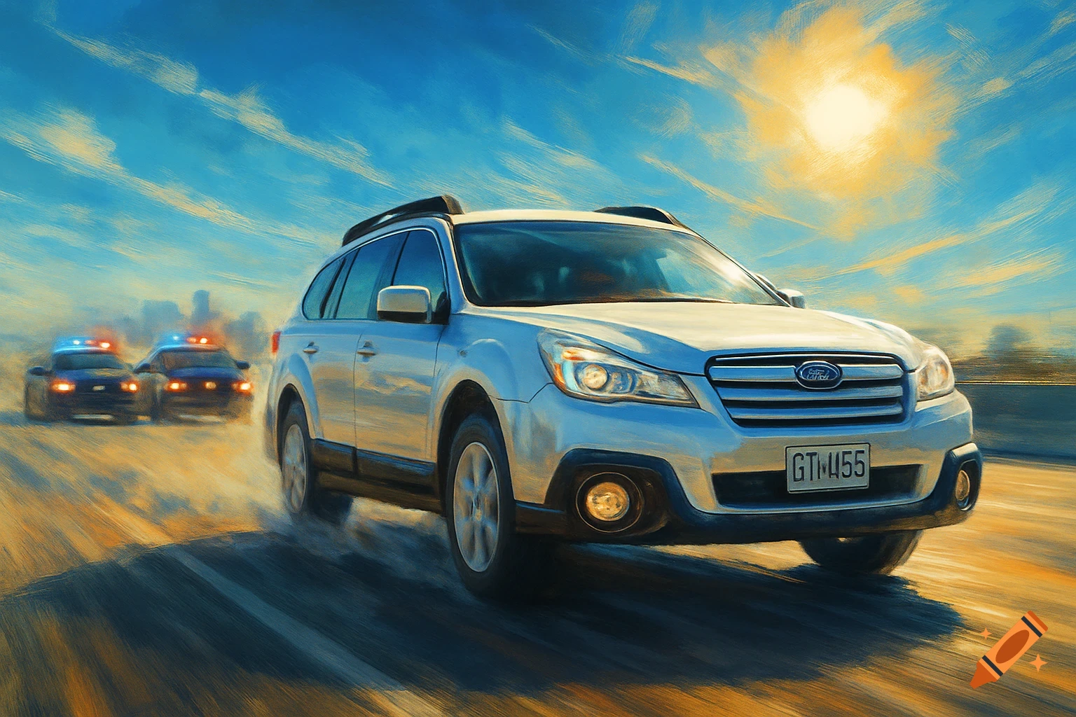 A silver Subaru Outback SUV is pursued by two police cars on a sunny highway, in a painterly digital art style.