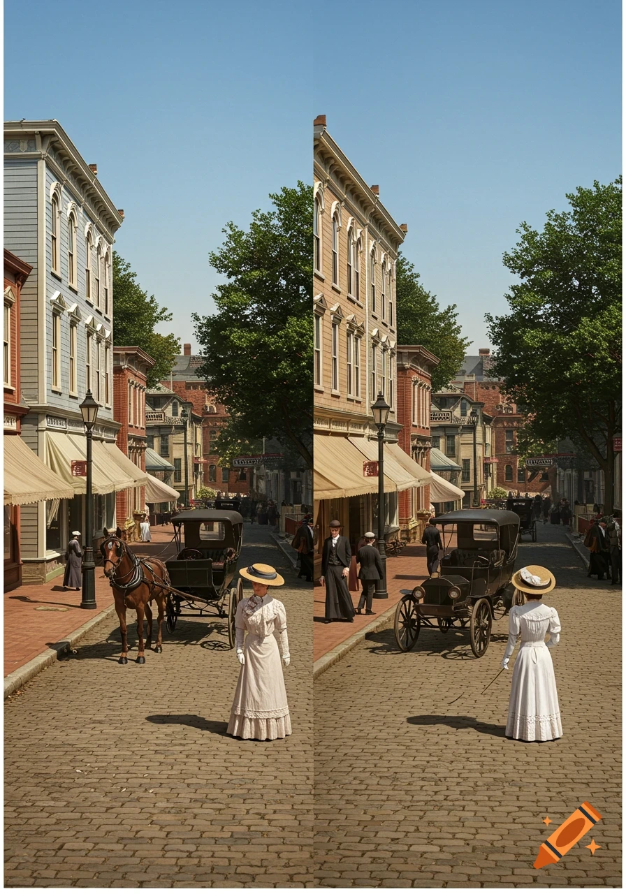 A 1910s historical street scene split into two for a stereoscopic view, featuring people in period attire, horse-drawn carriages, and buildings along a cobblestone road under a clear sky.