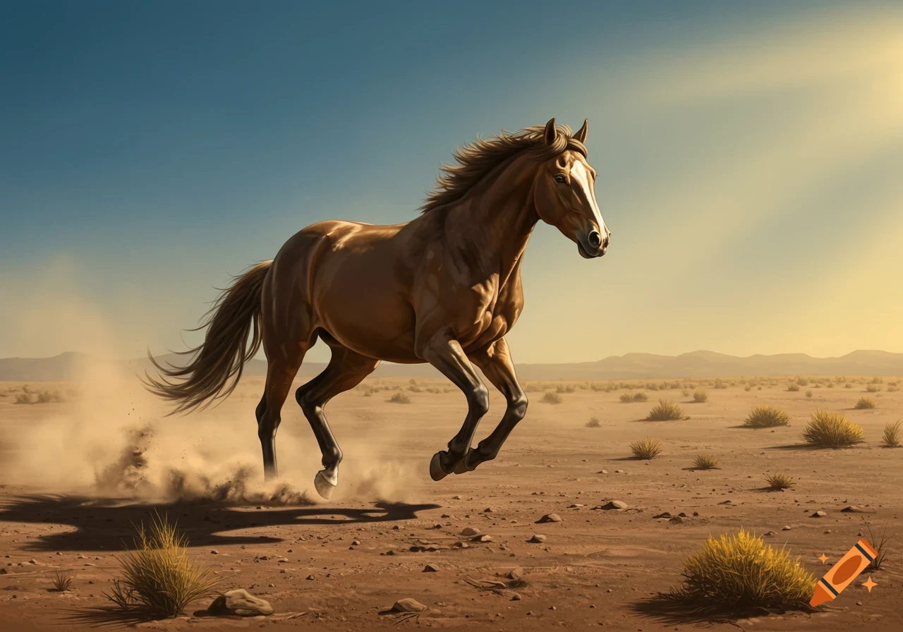 A majestic brown horse with a white blaze gallops through a dusty desert landscape under a clear sky.