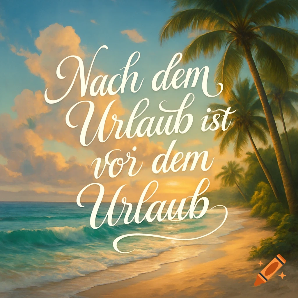 Tropical beach sunset with palm trees and ocean waves, featuring the text 'Nach dem Urlaub ist vor dem Urlaub' in elegant script.