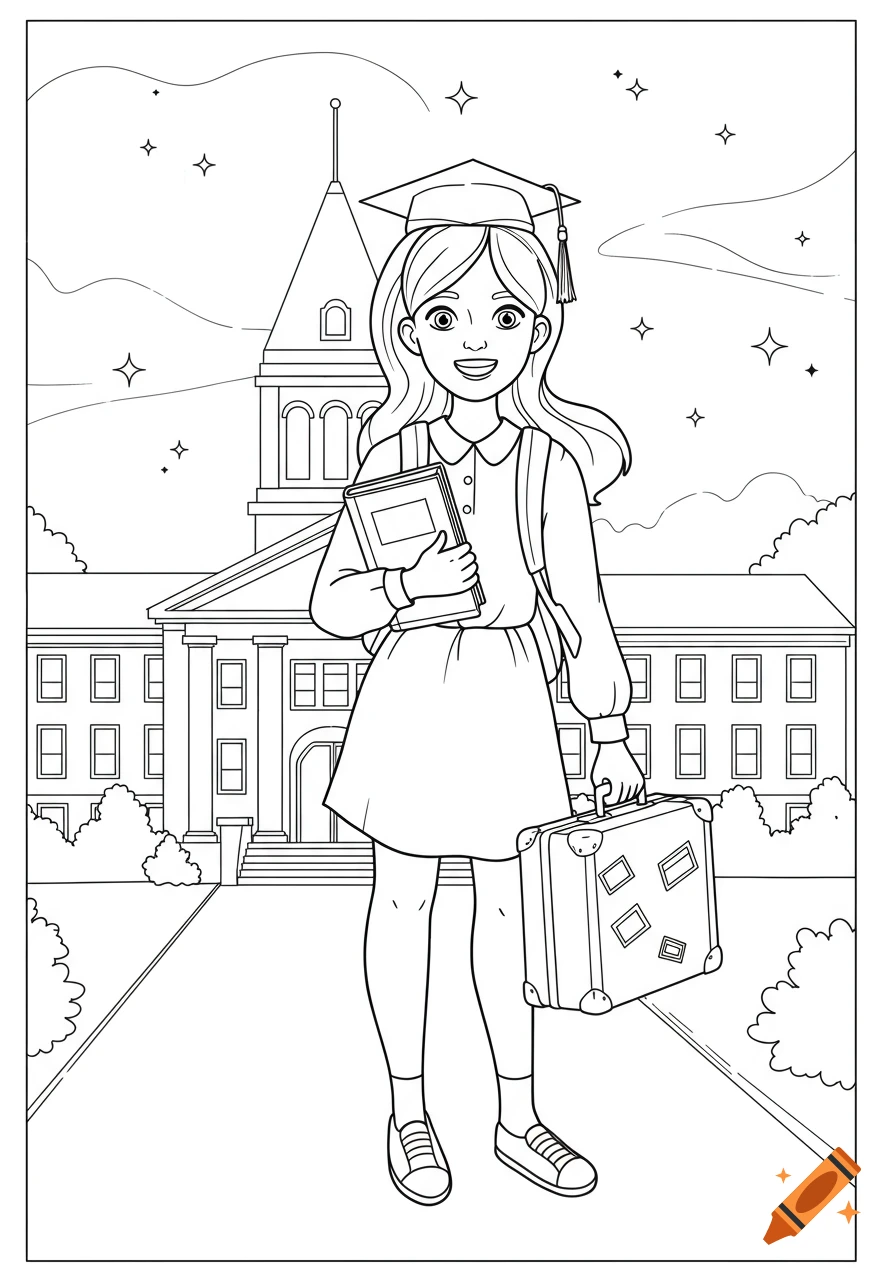 Line art coloring page of a happy young woman in a graduation cap, holding a book and suitcase, in front of a university.