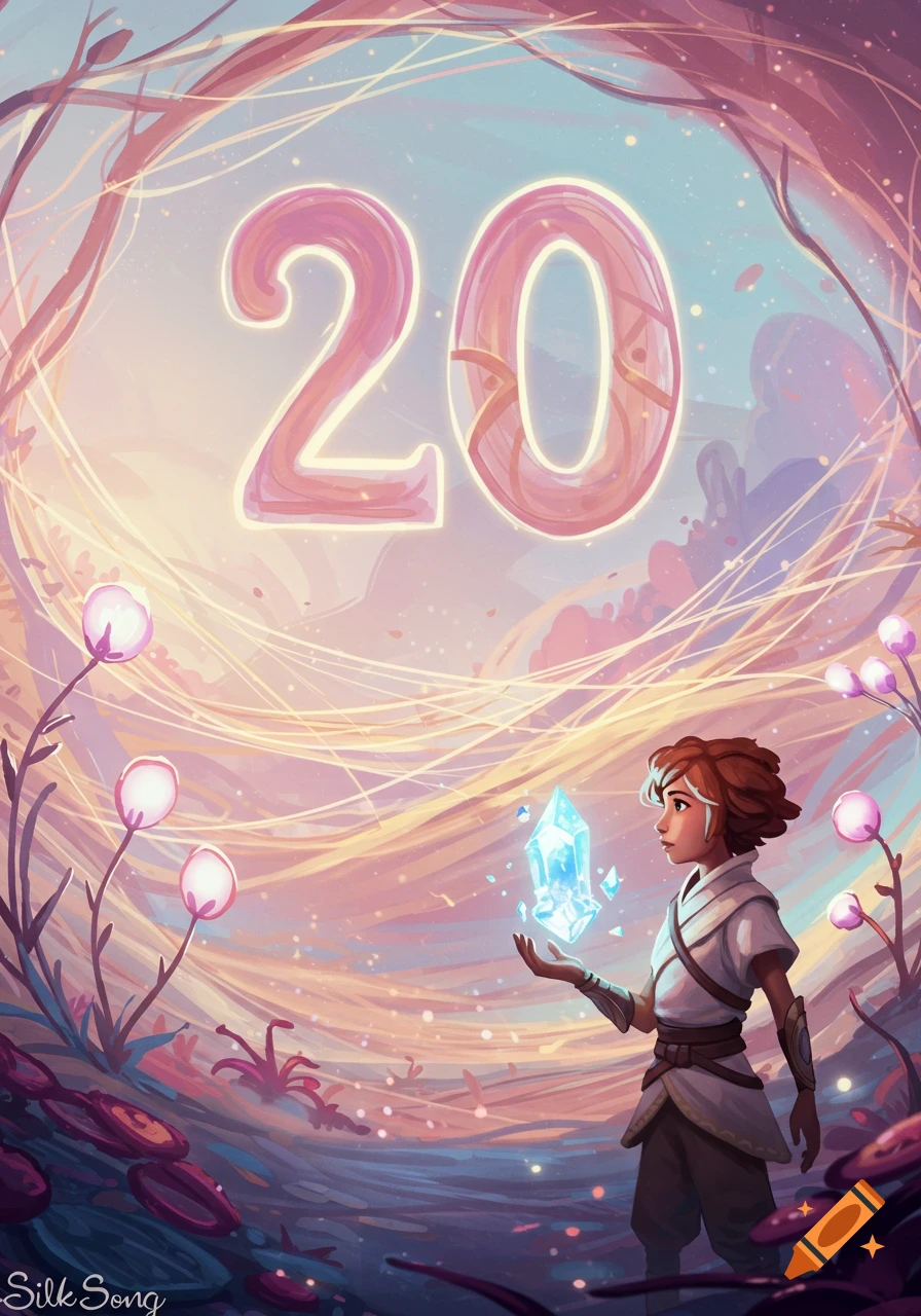 A stylized character in a magical forest holds a glowing crystal, with large glowing "20" in the sky. Digital art.