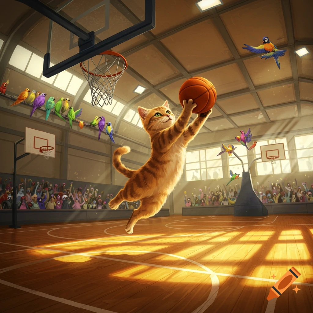 An orange tabby cat jumps high to dunk a basketball in a brightly lit gymnasium, with a crowd and colorful birds watching.