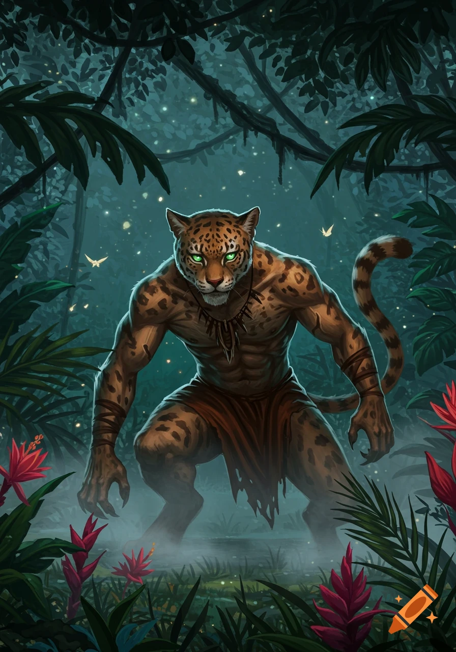 A muscular, humanoid jaguar creature with glowing green eyes crouches in a dark, mystical jungle with red flowers and glowing particles.