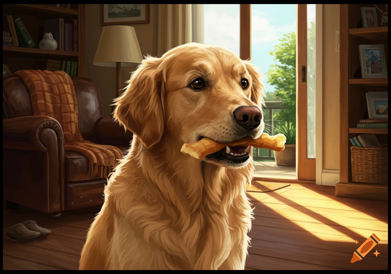 A golden retriever with a bone-shaped chew toy in its mouth sits in a sunlit home, with a bookshelf and open door to the outdoors.