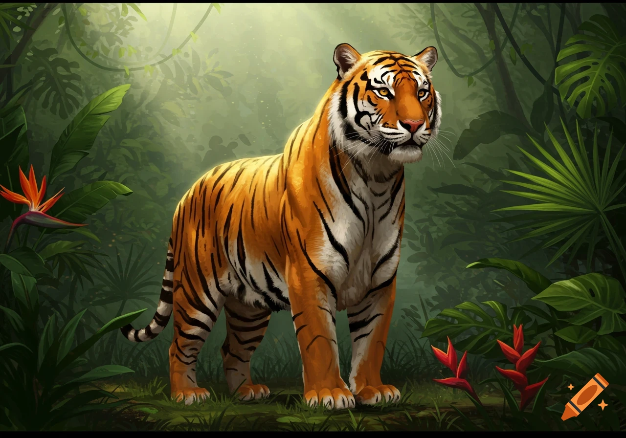 A muscular tiger stands majestically in a lush, green jungle with tropical plants and glowing light from above.