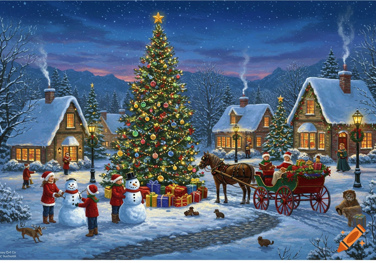 A picturesque Christmas village scene at night with a large decorated tree, snowmen, houses, people, and a horse-drawn sleigh in an illustration style.
