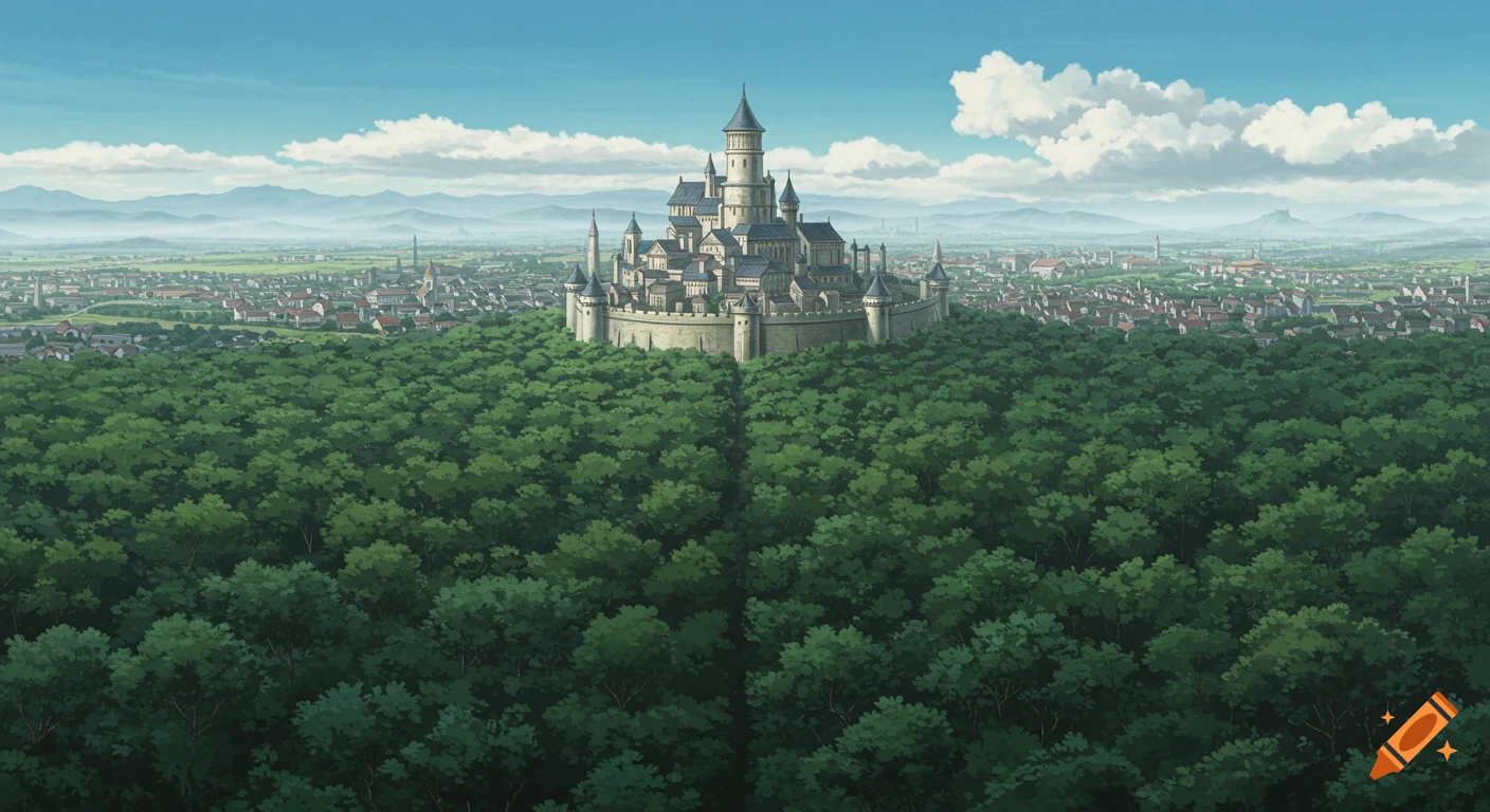 A grand medieval castle on a forest-covered hill, overlooking a city and distant mountains, in a Ghibli anime style.