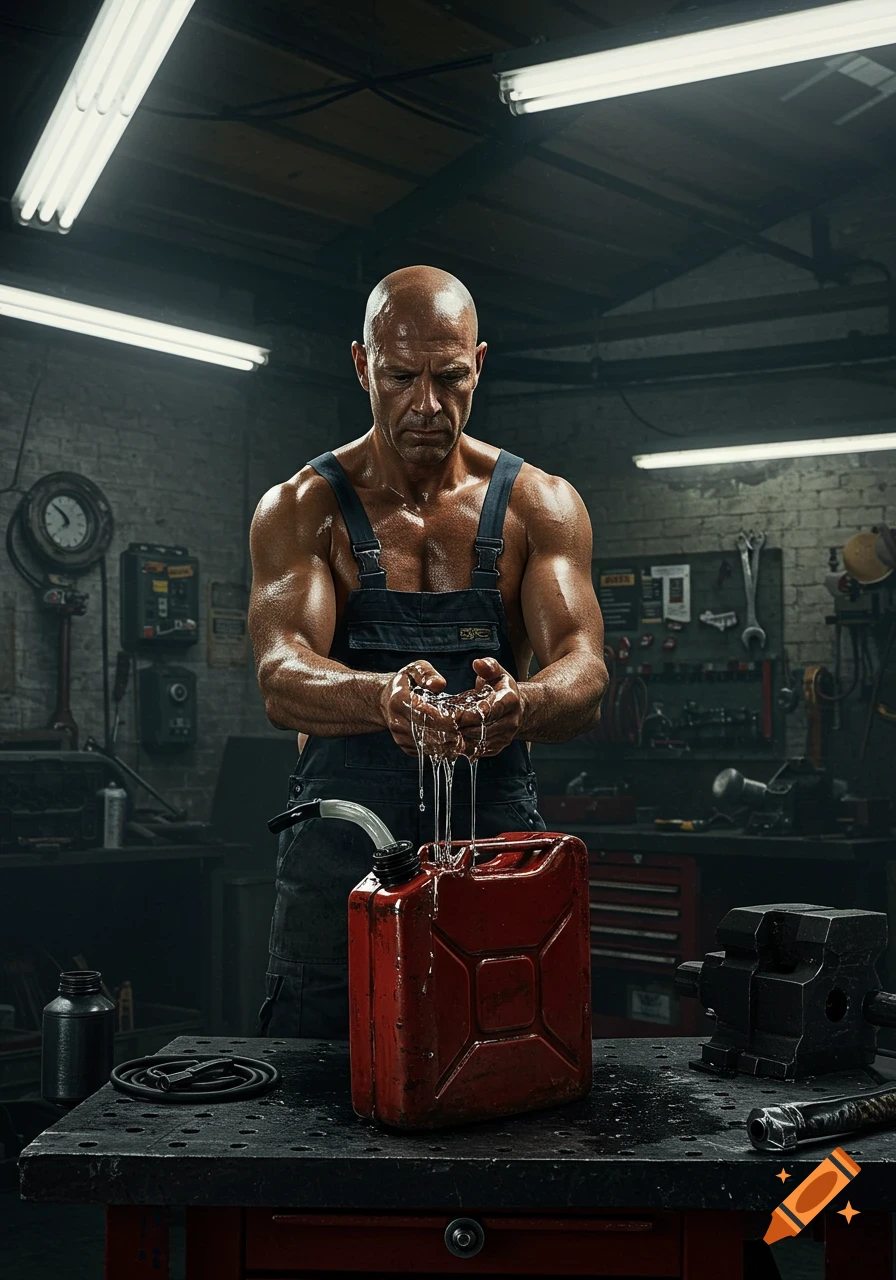 Muscular man in overalls pours liquid from his hands into a red gas can in a dim workshop.
