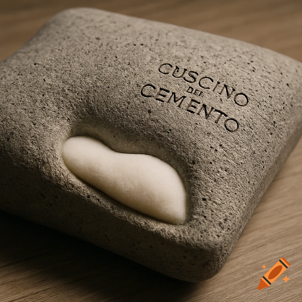 Close-up photorealistic shot of a grey concrete pillow with a soft white depression, engraved with 'CUSCINO DEL CEMENTO' on a wooden surface.
