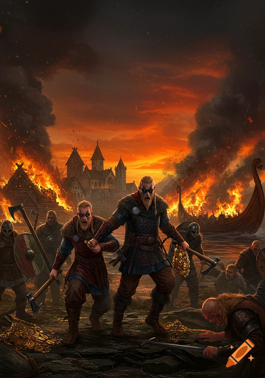 Ferocious Vikings raid and loot a burning coastal town with a monastery, under an orange sky. Digital illustration.
