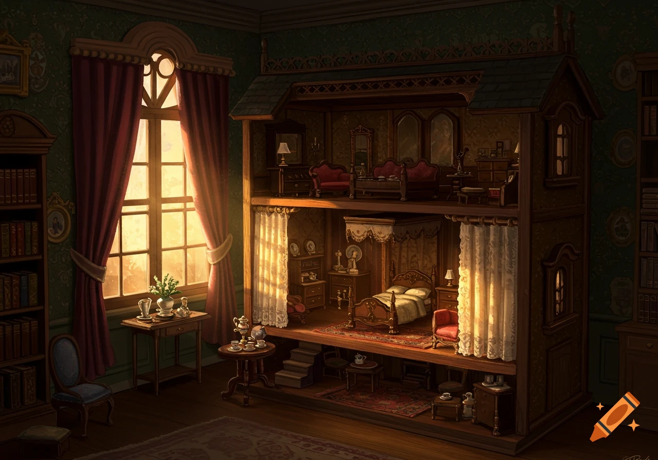 A detailed cross-section of a vintage dollhouse interior, with sunlit rooms furnished in a classic style.