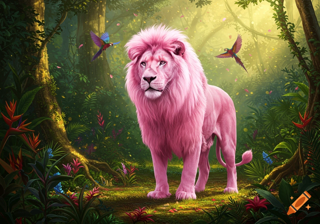 A majestic pink lion stands in a vibrant, sunlit jungle, surrounded by tropical plants and flying parrots.