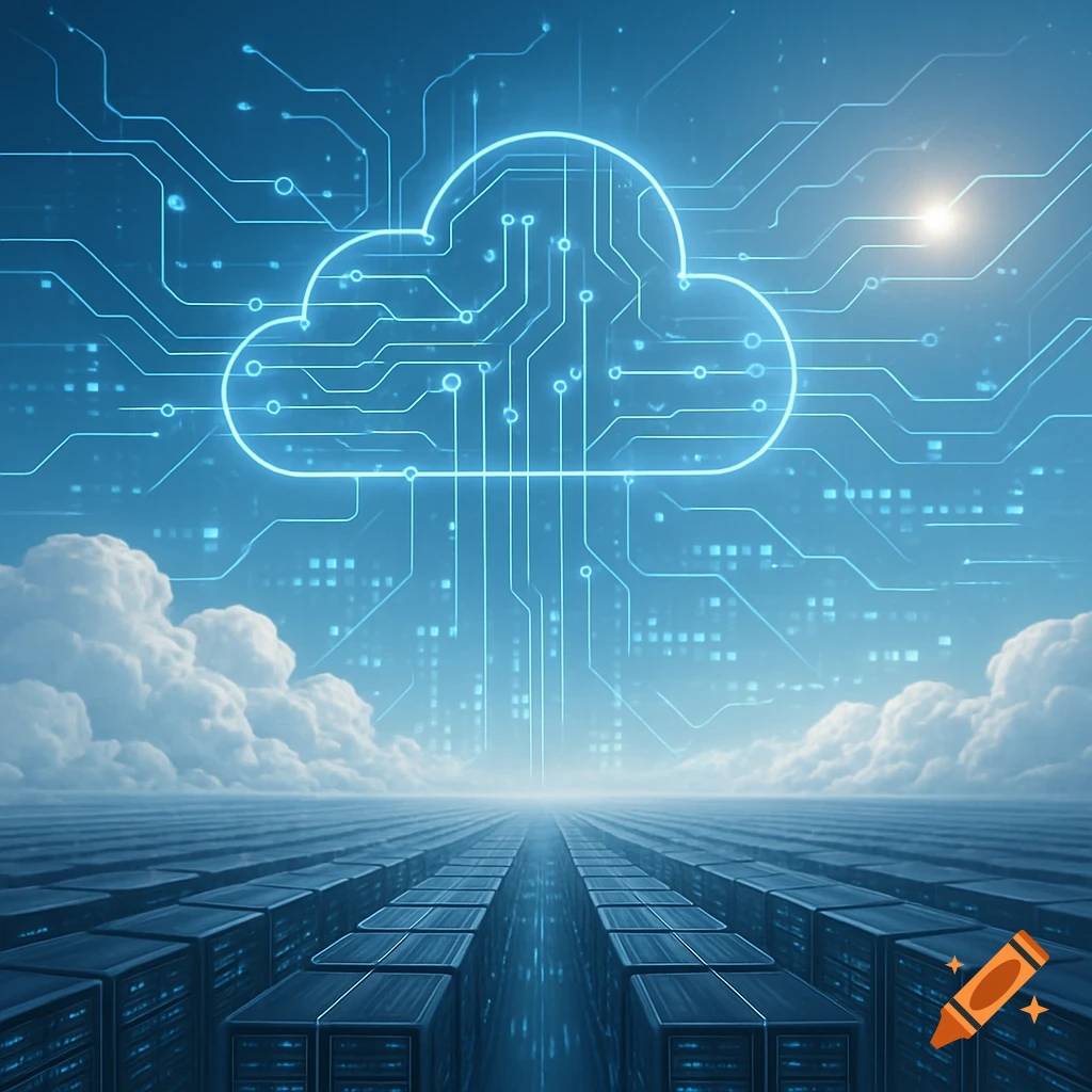 Futuristic data center with rows of servers under a glowing circuit board cloud symbol in a blue sky.
