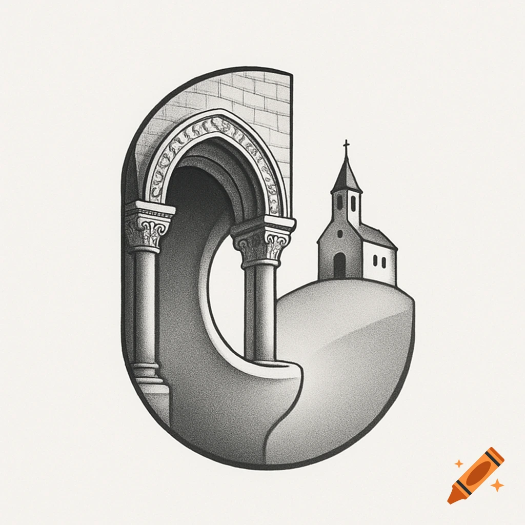 Grayscale logo combining a Roman archway with a hill and chapel.