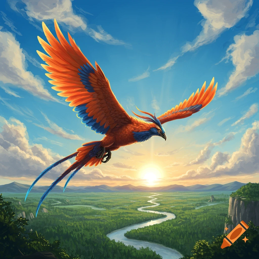 A vibrant orange and blue phoenix-like bird soars over a lush green valley with a winding river under a bright sunset sky.
