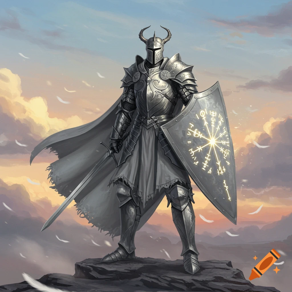 A silver knight in horned armor stands on a rock, holding a sword and a glowing runic shield, against a dramatic sunset sky.
