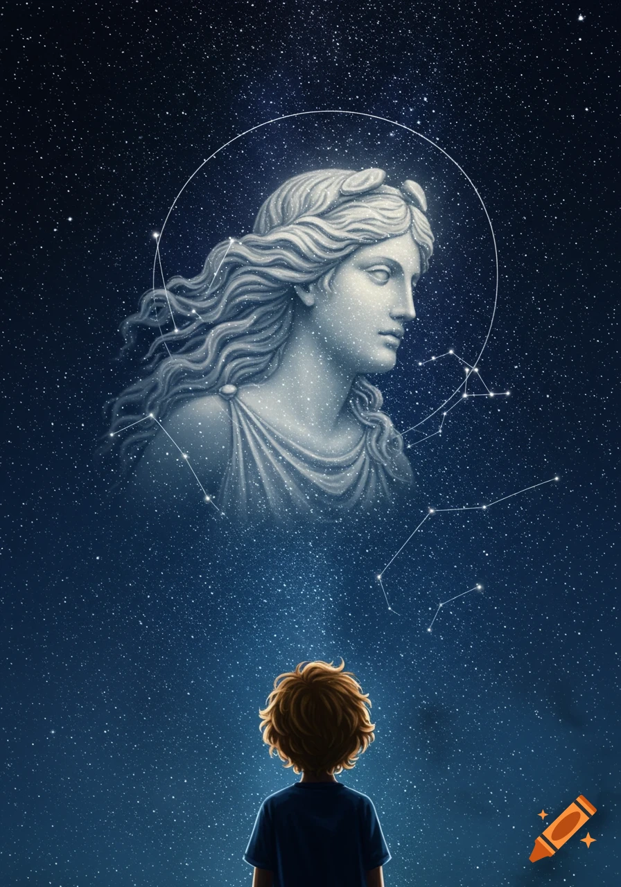 A boy with curly hair looks up at a starry night sky featuring a celestial statue of Aphrodite and constellations.