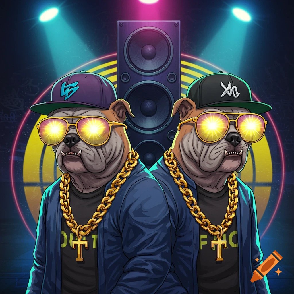 Cartoon bulldogs in hip-hop attire with sunglasses, caps, and gold chains, in front of a speaker under stage lights.