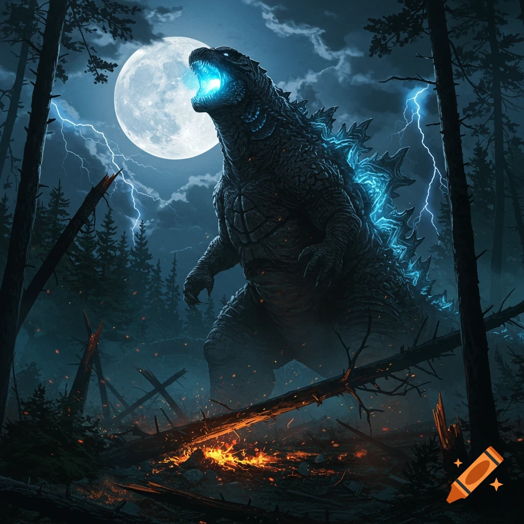Godzilla roars under a full moon and lightning in a burning forest at night, glowing blue.