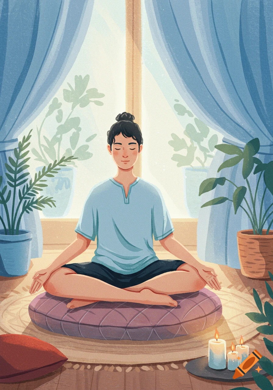 Illustration of a person meditating in a lotus position on a cushion, in a sunny room with plants and candles.