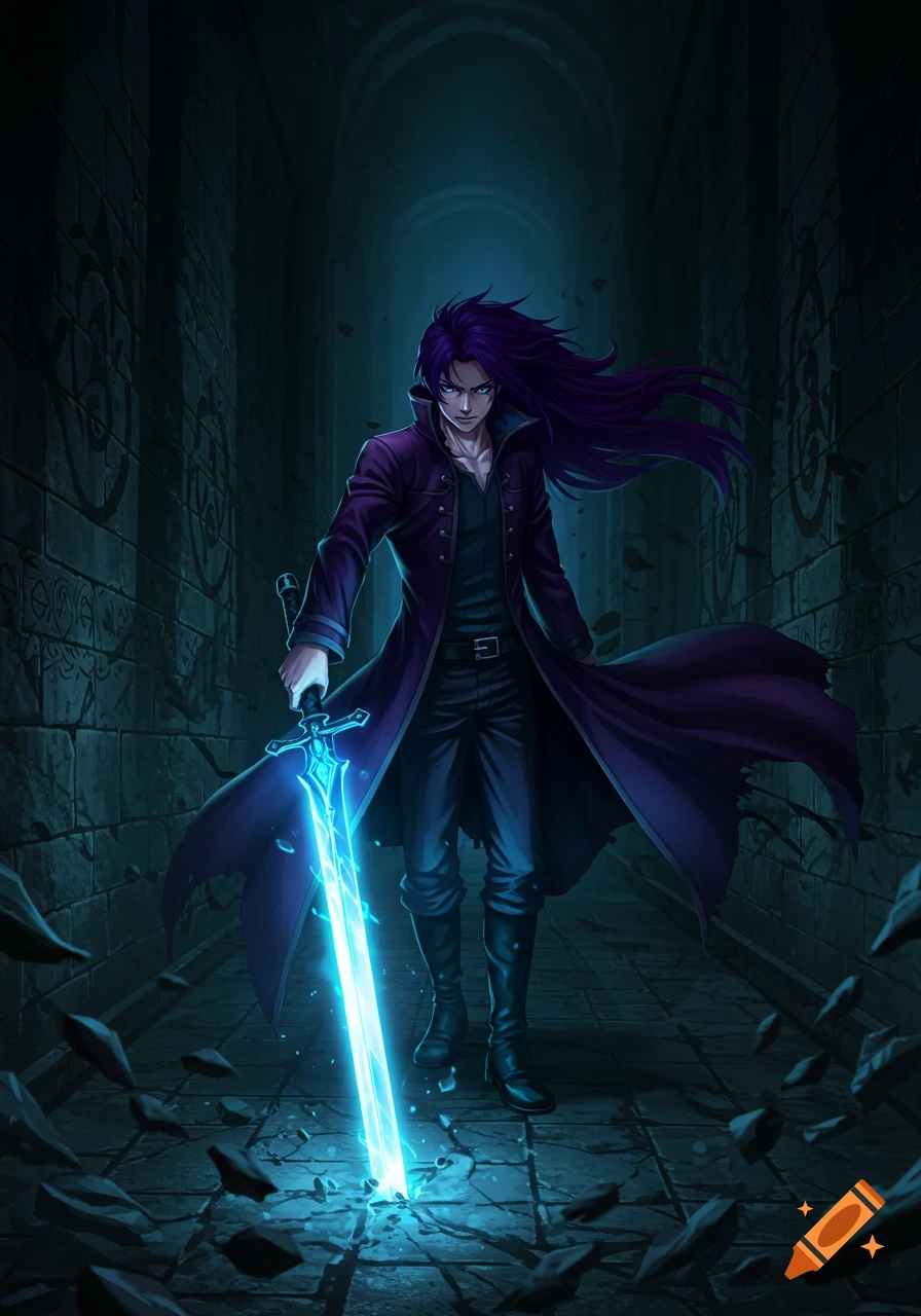 Anime male with long purple hair, dark coat, and a glowing blue sword stands in a crumbling dark stone corridor.