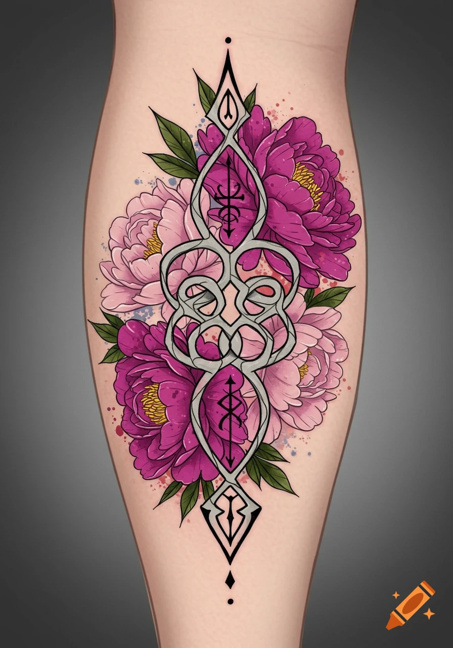 Illustrative tattoo design with a grey Dara knot, vibrant pink and purple peonies, and Zibu symbols on a limb.