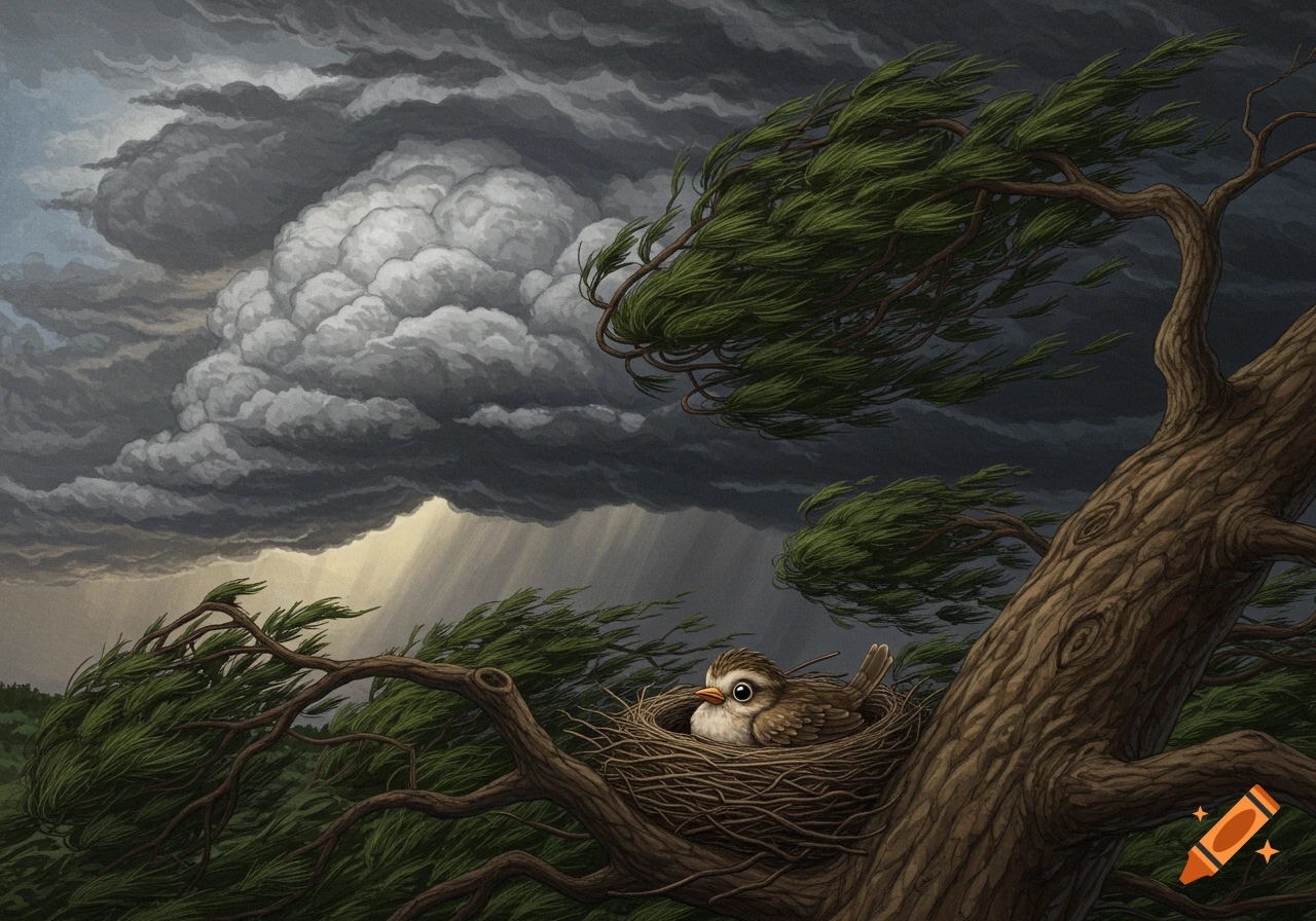 An illustration of a small bird in a nest on a tree, weathered by dark storm clouds, rain, and strong winds.
