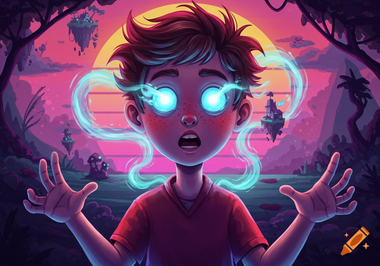 Cartoon boy with glowing blue eyes and magical energy, hands raised, in a vibrant pink and purple fantasy landscape with floating islands.