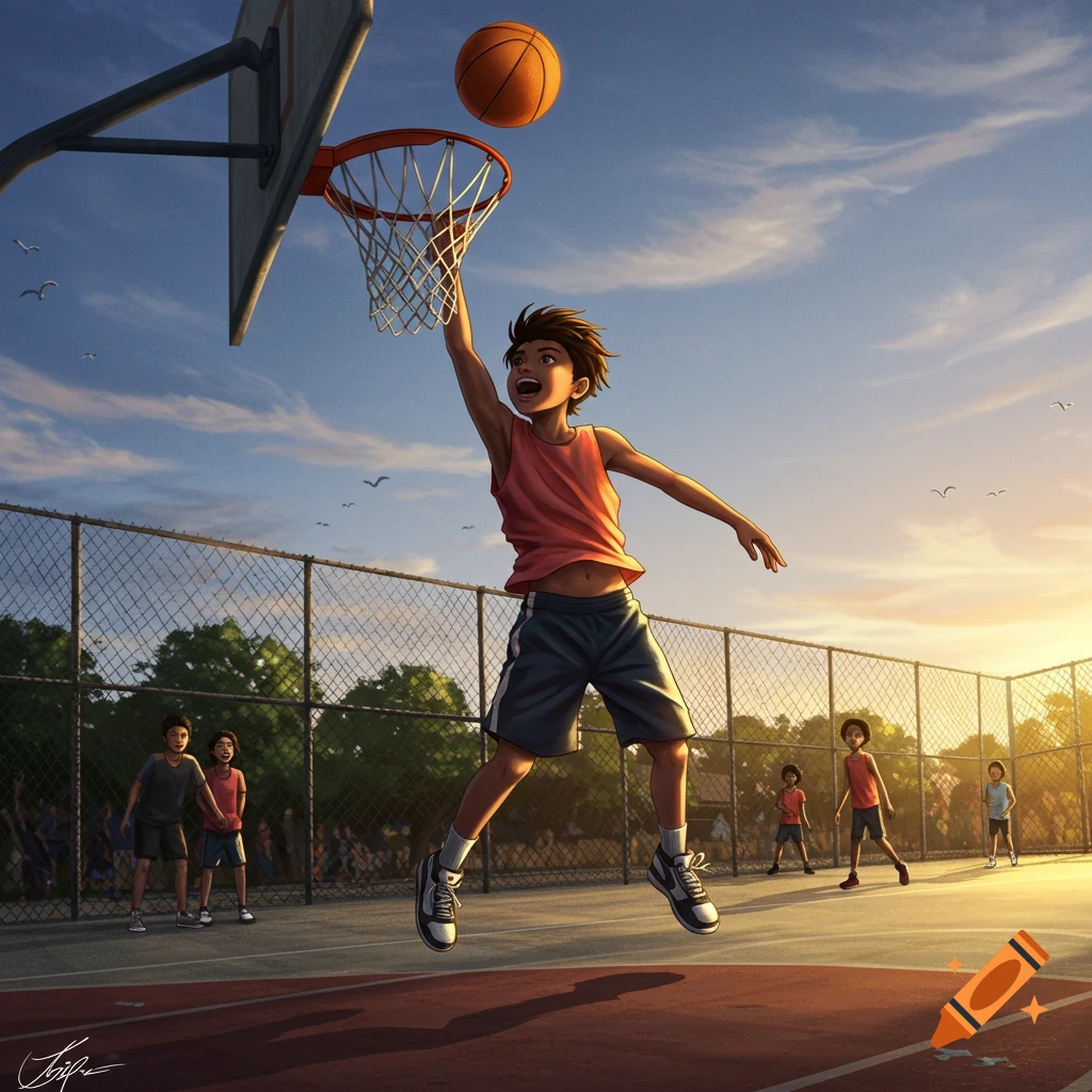 A young boy leaps to dunk a basketball on an outdoor court at sunset, with other children playing in the background.