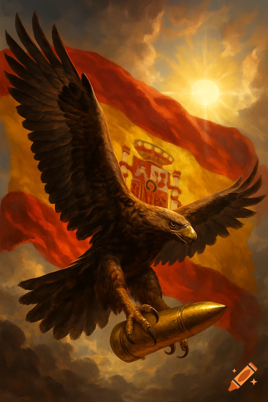 A majestic brown eagle flies, clutching a golden bullet in its talons, against the Spanish flag and a bright sun, digital painting.