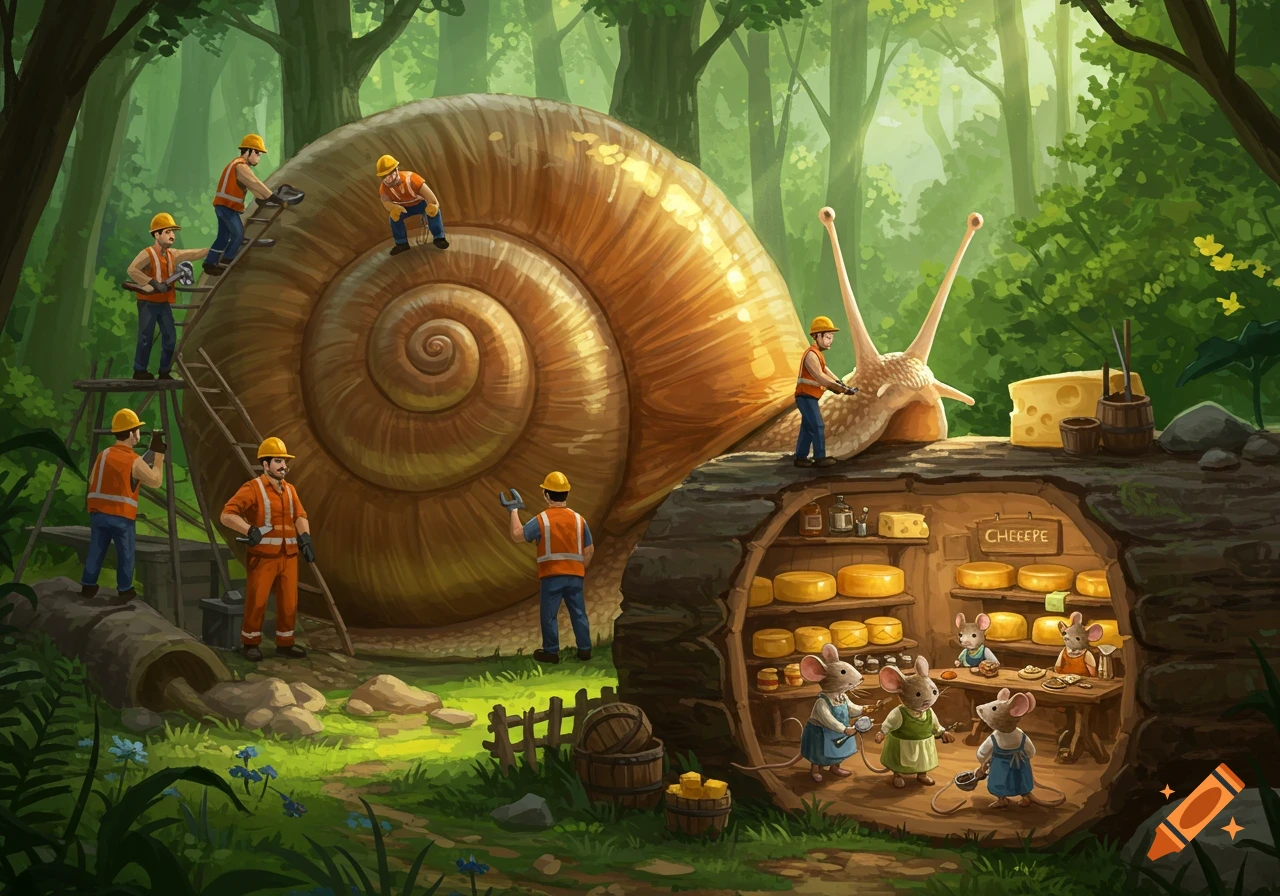 Cartoon construction workers build a giant snail shell in a forest, while mice run a cheese shop inside a log.