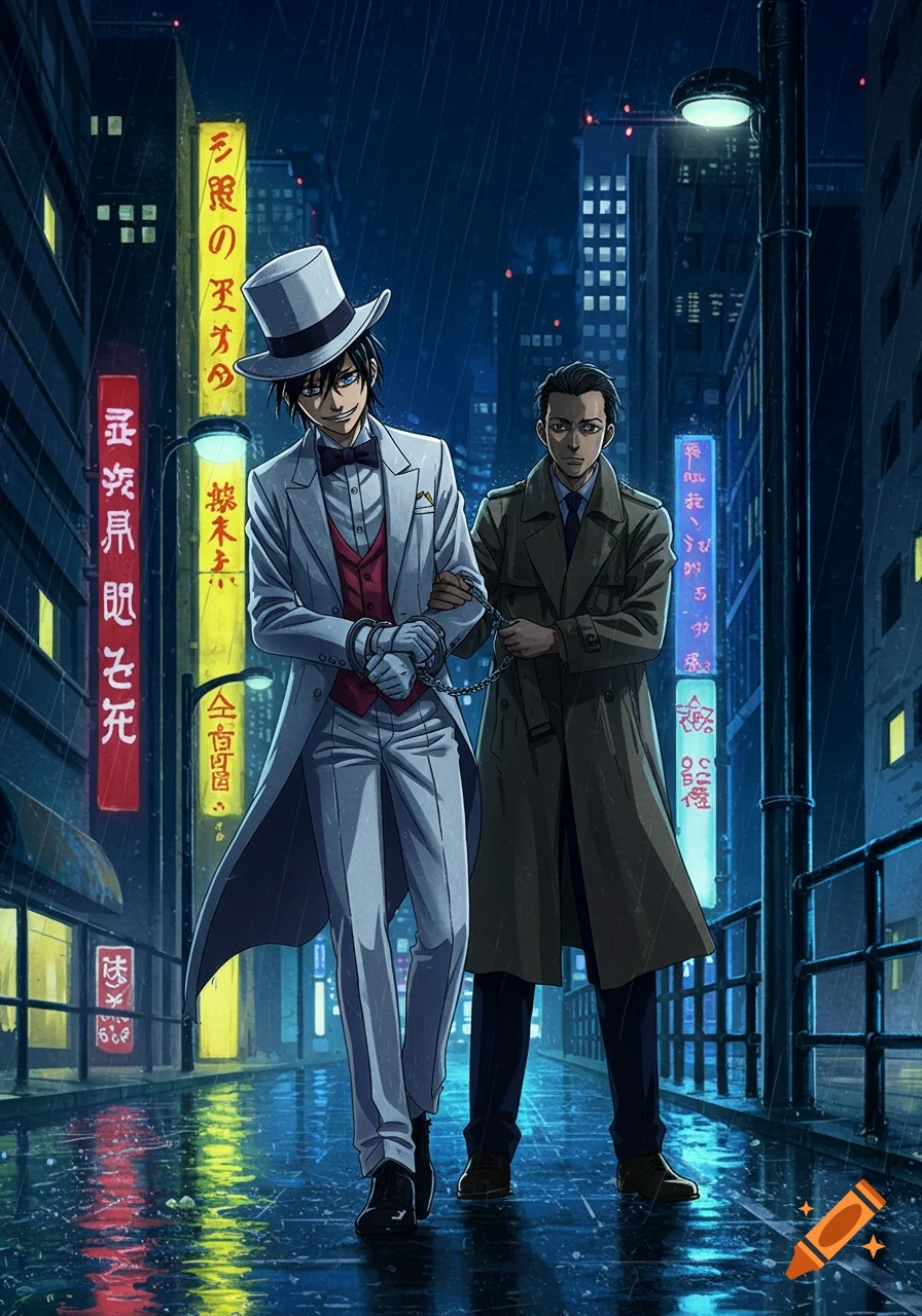 An anime-style image of a man in a white suit and top hat, handcuffed, being escorted by a man in a trench coat down a rainy, neon-lit city street at night.