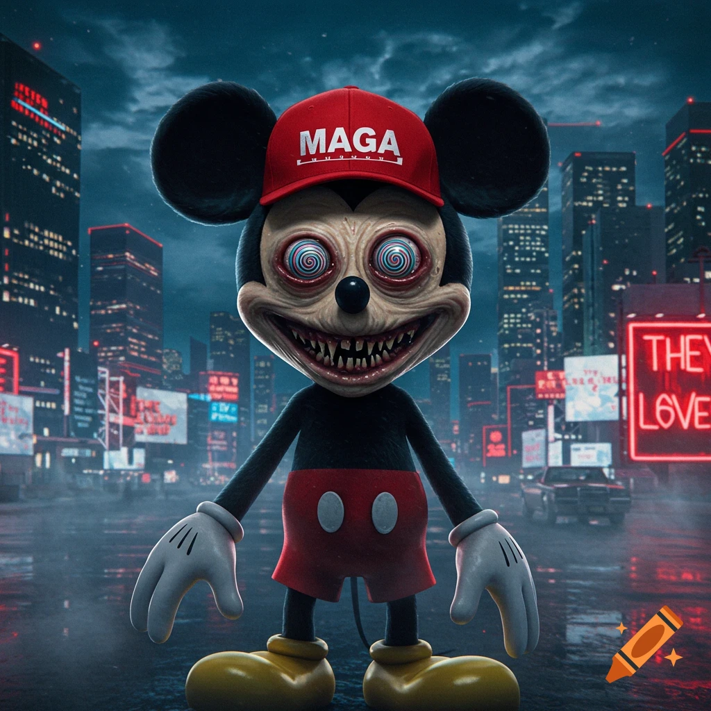 A grotesque Mickey Mouse with spiraled eyes and sharp teeth, wearing a red MAGA hat, stands in a dark, rainy city street with neon signs that read "THEY LOVE" and "MAGA".