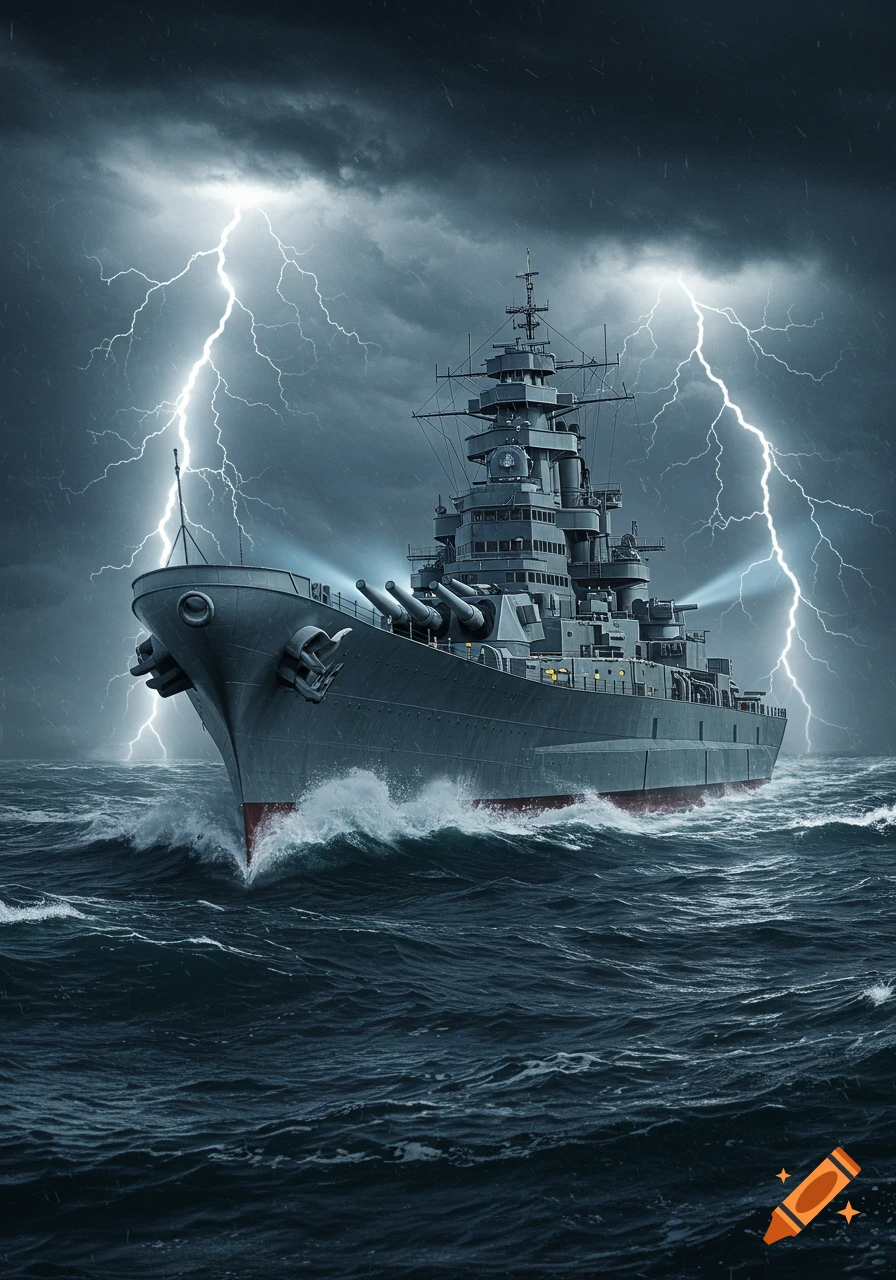 A grey battleship sails through a dark, stormy sea under a sky illuminated by bright lightning strikes.