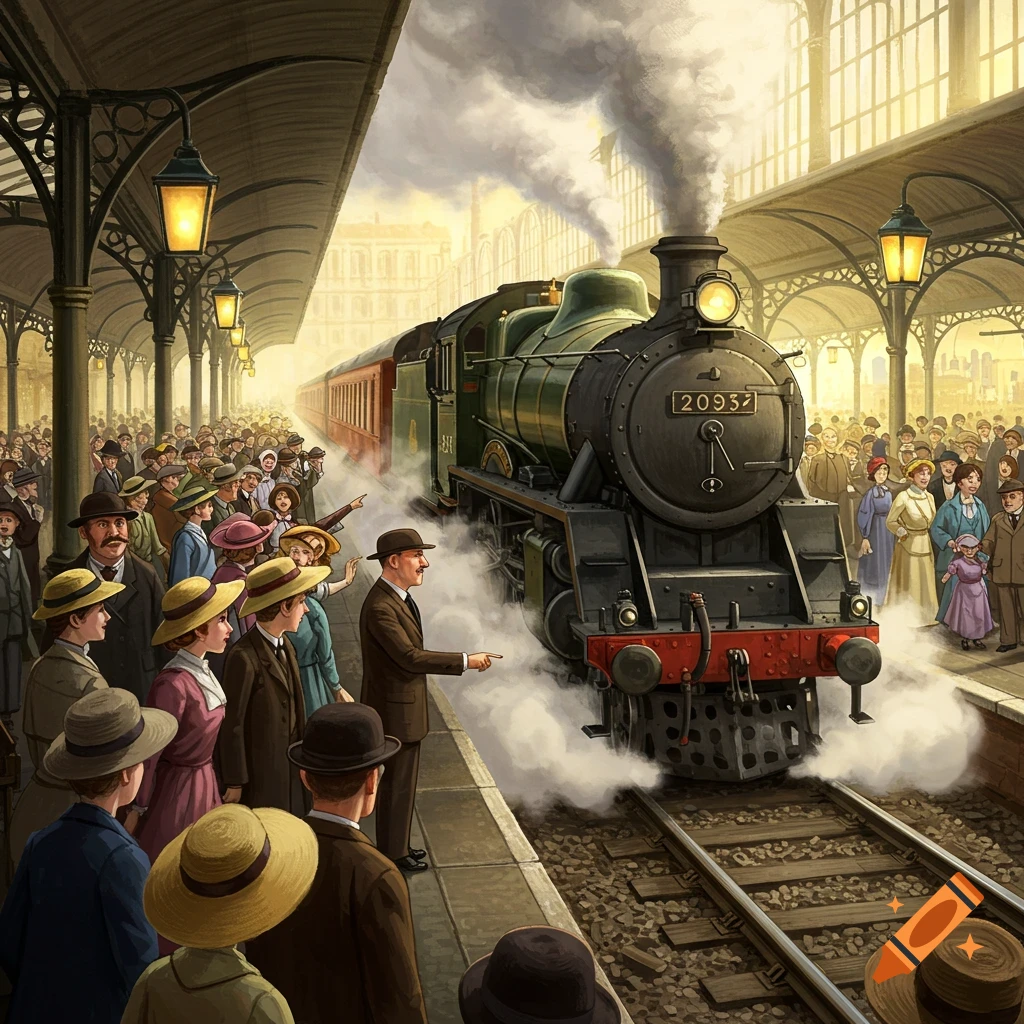 A vintage green steam train with the number 20937 arrives at a crowded station platform, an illustration.