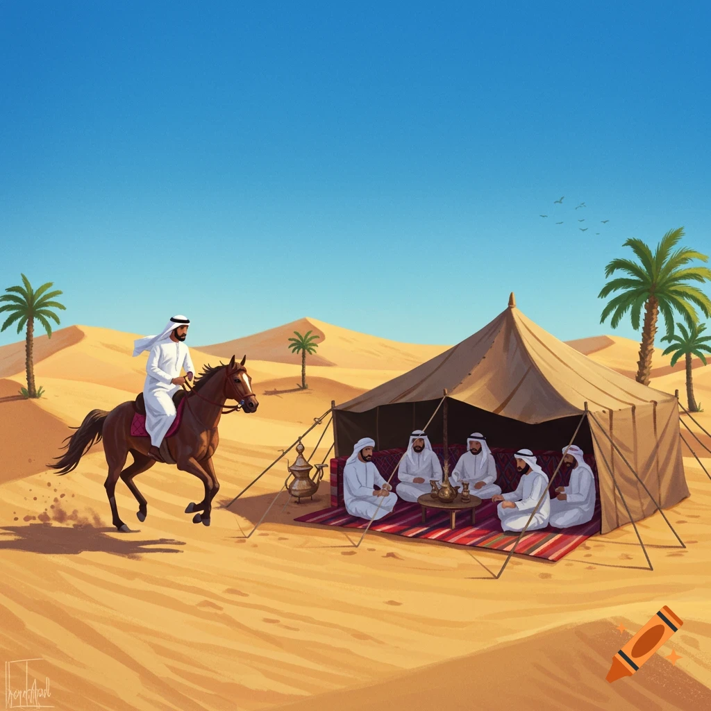 Illustrated desert scene with an Arab man on a horse and other men gathered in a tent with palm trees.