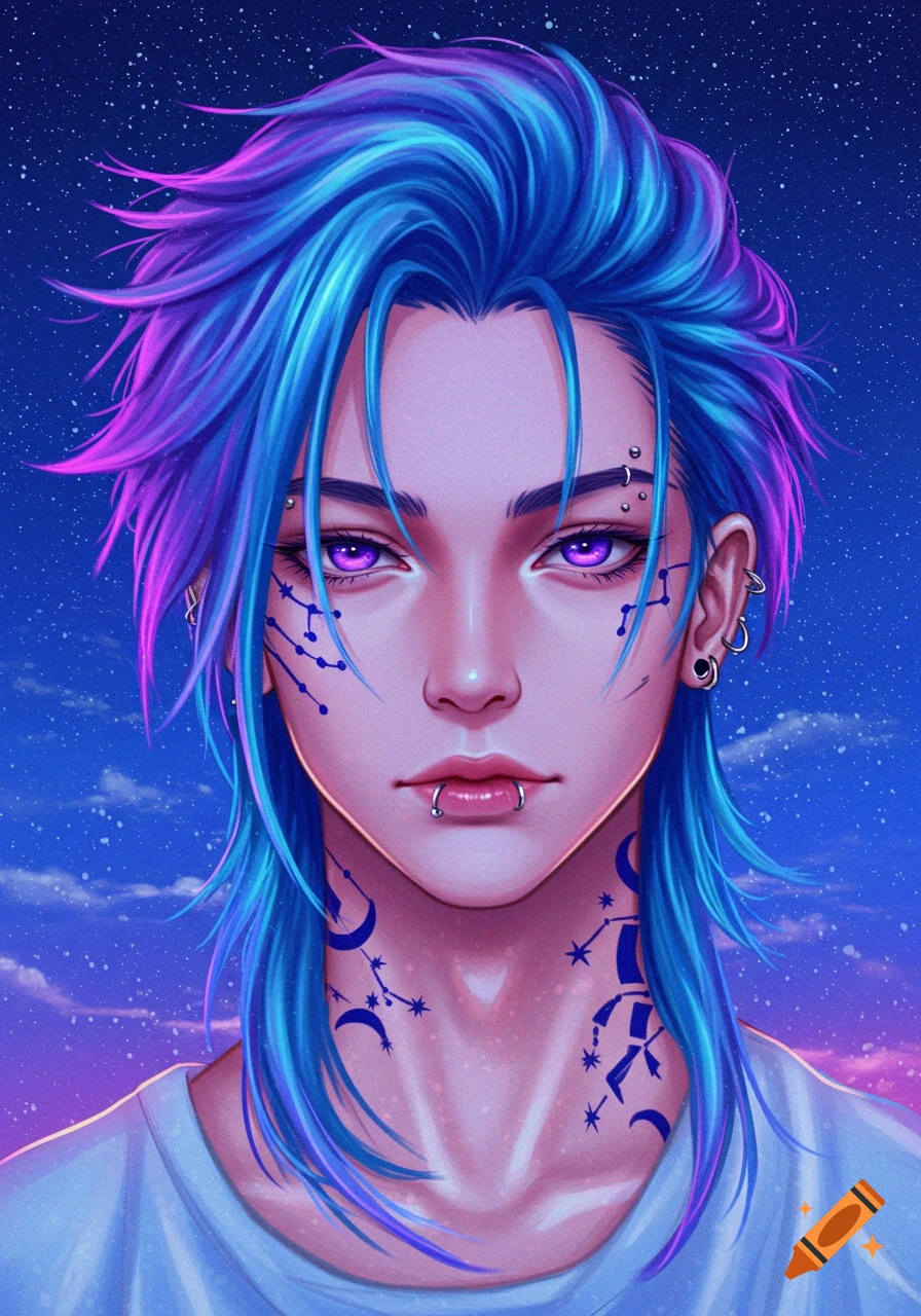 Anime portrait of a person with spiky blue and purple hair, purple eyes, facial piercings, and constellation tattoos against a starry sky.